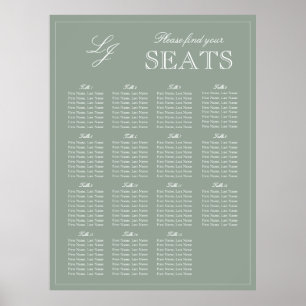 Monogram Script Sage Green Modern Wedding Seat Poster