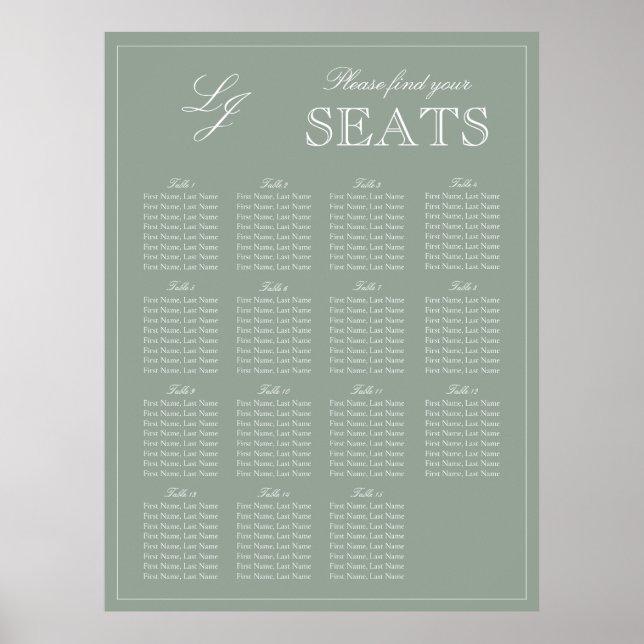 Monogram Script Sage Green Modern Wedding Seat Poster (Front)