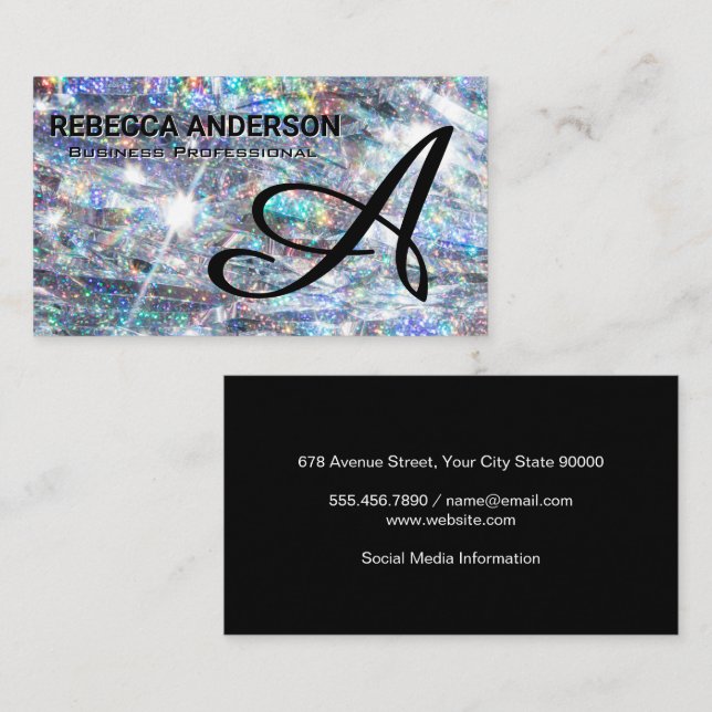 Monogram Script | Shiny Glitter Background Business Card (Front/Back)