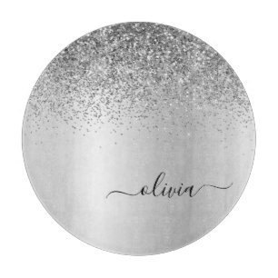 Monogram Script Silver Black Glitter Girly Name Cutting Board