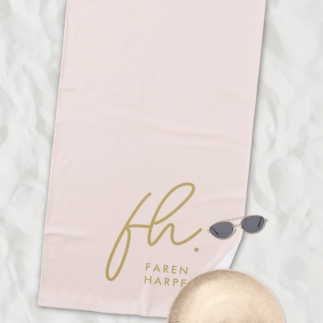 Monogram Script Simple Chic Blush Gold Monogrammed Beach Towel (Creator Uploaded)
