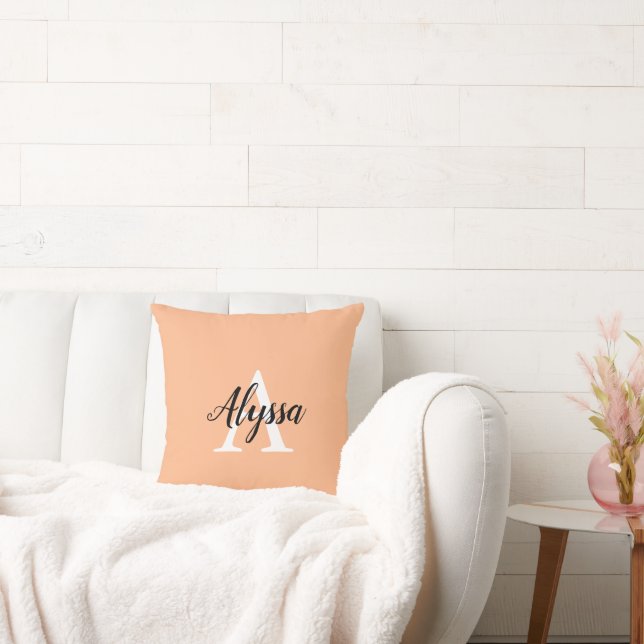 Monogram Script Stylish Peach Throw Pillow (Couch)