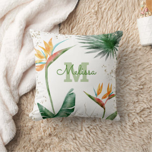 Monogram Script White Gold Tropical Island Floral Cushion
