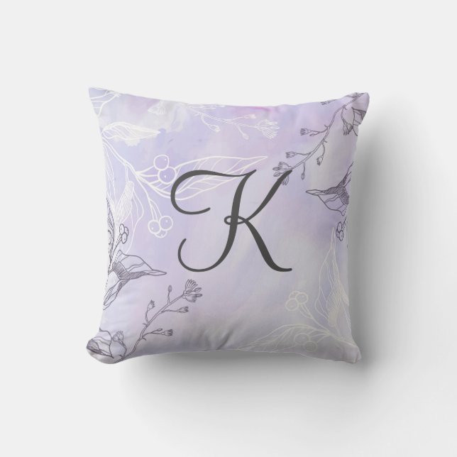 Monogram Script White Grey Purple Floral Cushion (Front)
