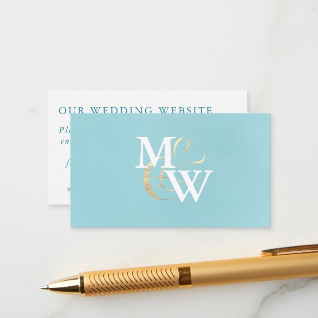 Monogram Sea Glass Teal Gold QR Code Wedding Enclosure Card (Front/Back In Situ)