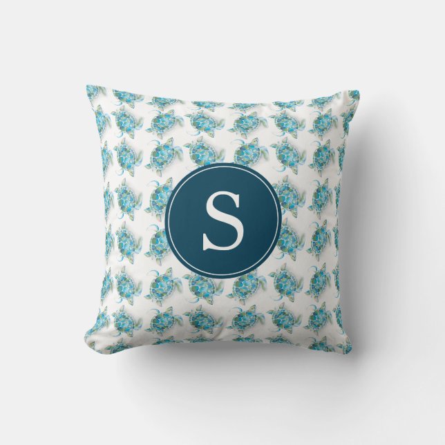 Monogram Sea Turtle Pattern Blue Cushion (Front)