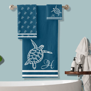 Monogram Sea Turtle Peacock Blue Nautical Coastal Bath Towel Set