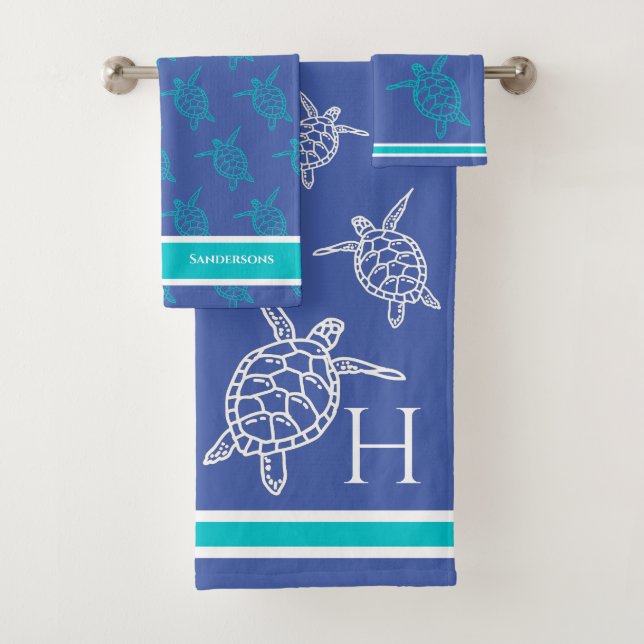 Monogram Sea Turtles Teal Blue Nautical Coastal  B Bath Towel Set (Insitu)