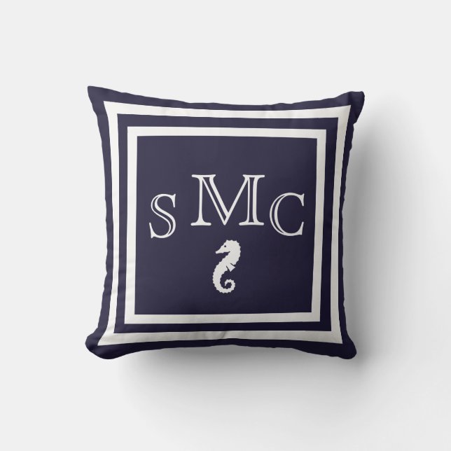 MONOGRAM seahorse dark blue outdoor nautical Cushion (Front)