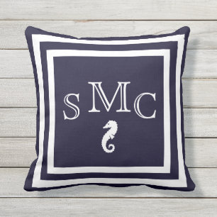 MONOGRAM seahorse dark blue outdoor nautical Cushion