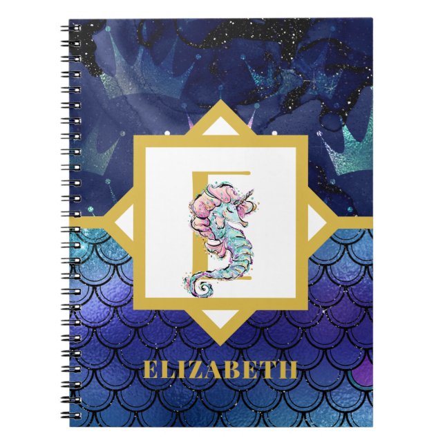 Monogram Seahorse Unicorn Sea Mermaid Scales Notebook (Front)