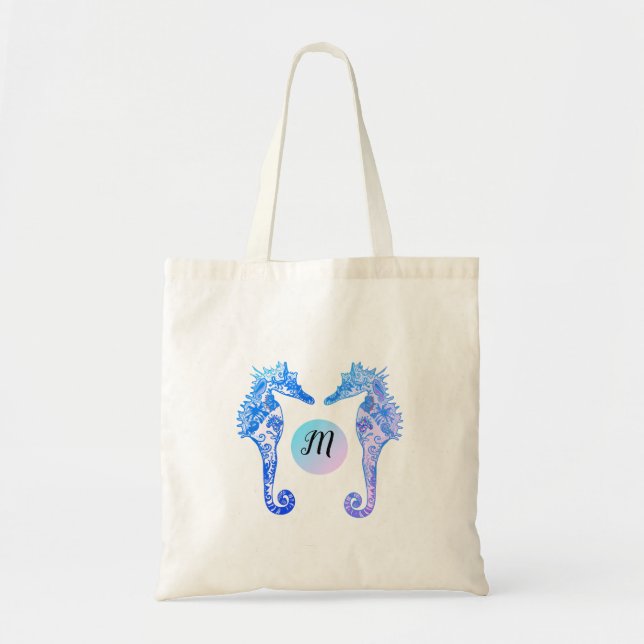 Monogram Seahorses Whimsical  Personalised Tote Bag (Front)