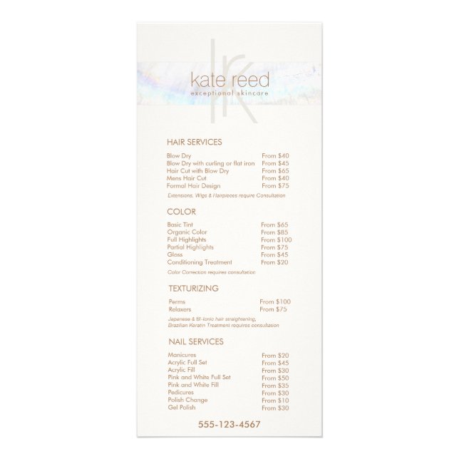 Monogram Seashell  Salon Price List Service Menu (Front)