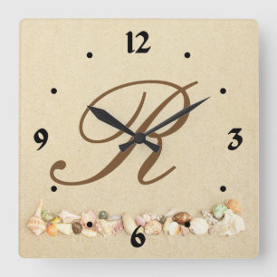 Monogram Seashells on Beach Sand Personalised Square Wall Clock