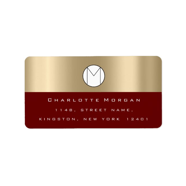 Monogram Sepia Gold Black Minimal Maroon RSVP Label (Front)