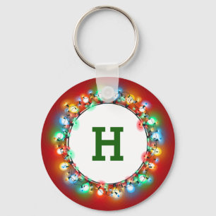 Monogram set inside Ring of Christmas Light Bulbs Key Ring