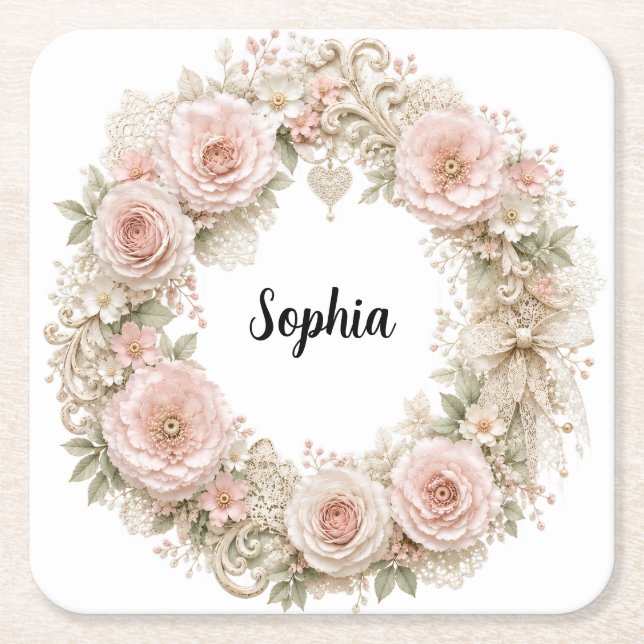 monogram shabby chic flower wreath coasters  (Front)