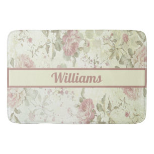 Monogram Shabby Chic Pink Green Rose Floral  Bath Mat
