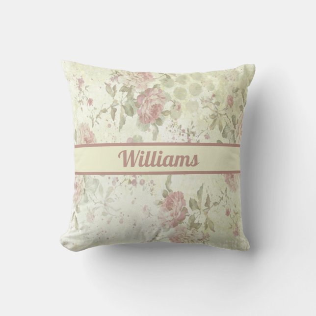 Monogram Shabby Chic Pink Green Rose Floral Cushion (Front)