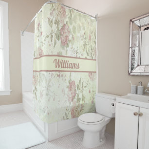 Monogram Shabby Chic Pink Green Rose Floral  Shower Curtain