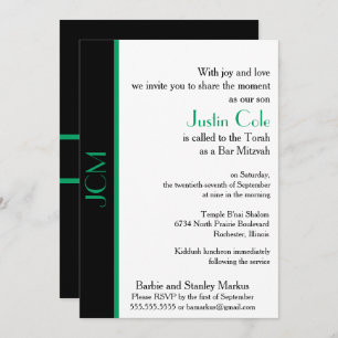 Monogram Shamrock Green Black Bar Mitzvah Invitation