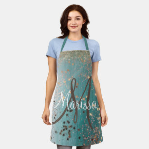 Monogram Shimmery Gold Stars On Teal Apron