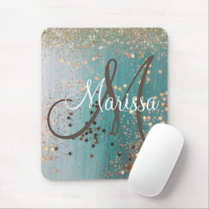 Monogram Shimmery Gold Stars On Teal Mouse Pad