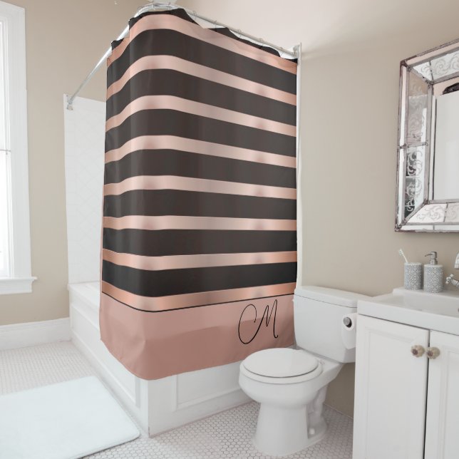 Monogram Shimmery Salmon Pink on Black  Shower Curtain (In Situ)