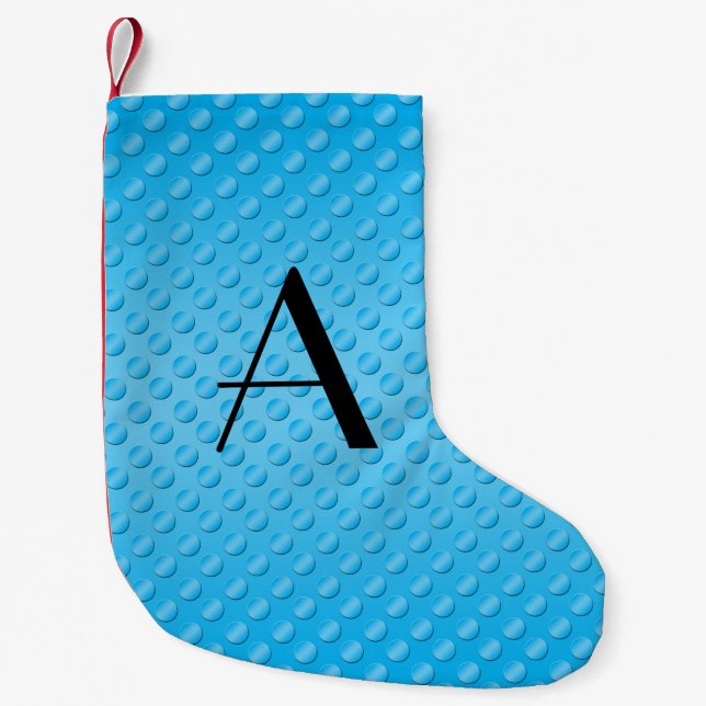 Monogram shiny light blue polka dots small christmas stocking (Front)
