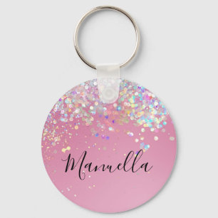 Monogram Shiny Rose Gold Pink Glitter Custom Name Key Ring
