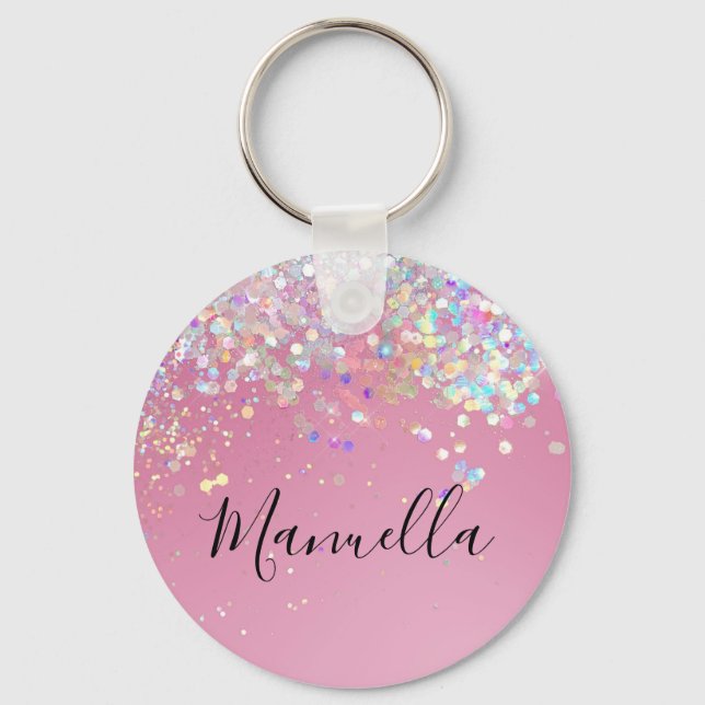 Monogram Shiny Rose Gold Pink Glitter Custom Name  Key Ring (Front)