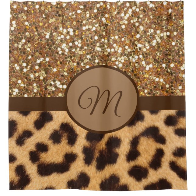 Monogram Shower Curtain Monogrammed Gold Leopard (Front)