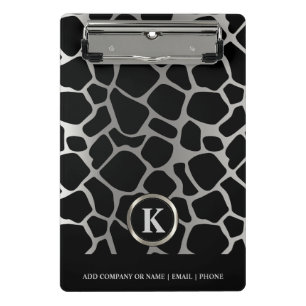 Monogram Silver and Black Giraffe Pattern Mini Clipboard