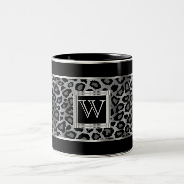 Monogram Silver and Grey Leopard Animal Print Two-Tone Coffee Mug (Center)