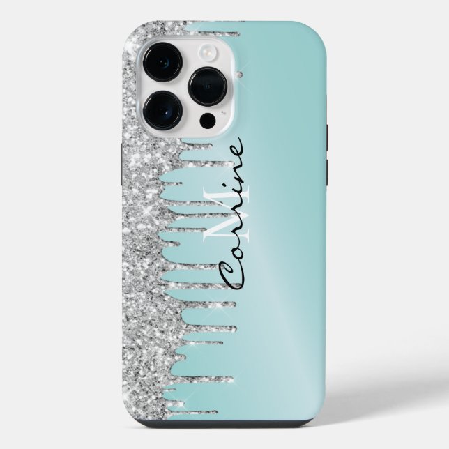 Monogram Silver Aqua Blue Glitter Drip Android + iPhone Case (Back)