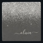 Monogram  Silver Black Glitter Script Girly Name Stone Coaster<br><div class="desc">Black and Silver Sparkle Glitter Script Monogram Name Stone Tile. This makes the perfect graduation,  sweet 16 birthday,  wedding,  bridal shower,  anniversary,  baby shower or bachelorette party gift for someone that loves glam luxury and chic styles.</div>