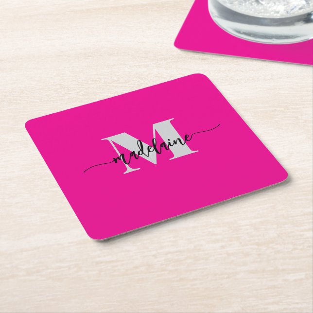 Monogram Silver Black Pink Personal Square Paper Coaster (Angled)