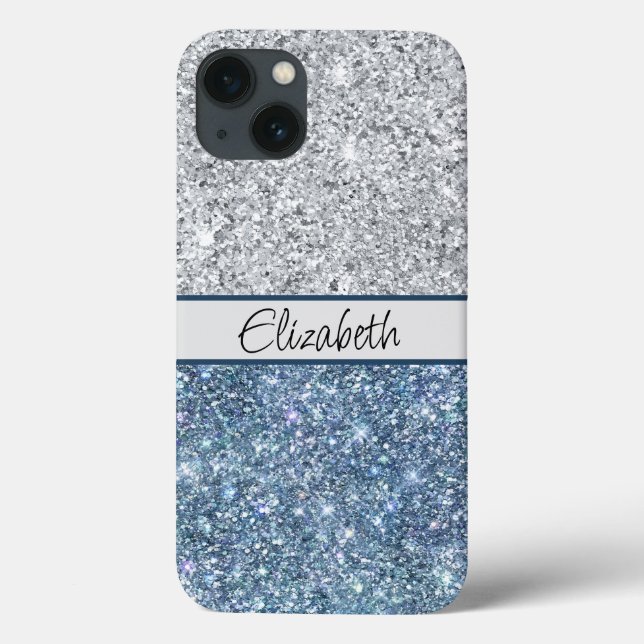 Monogram Silver Blue Glitter Trendy Chic Stylish Case-Mate iPhone Case (Back)