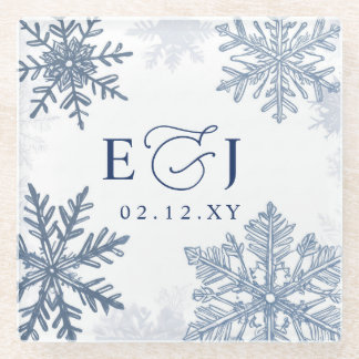 Monogram Silver Blue Snowflakes Winter Wedding Glass Coaster