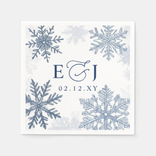 Monogram Silver Blue Snowflakes Winter Wedding Napkin