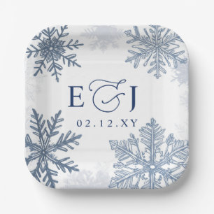 Monogram Silver Blue Snowflakes Winter Wedding Paper Plate