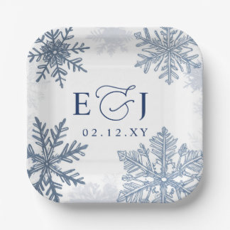 Monogram Silver Blue Snowflakes Winter Wedding Paper Plate
