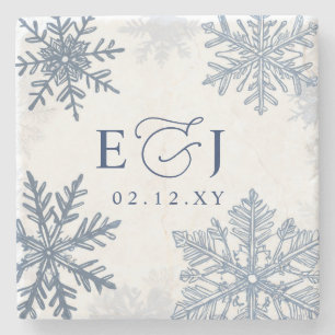 Monogram Silver Blue Snowflakes Winter Wedding Stone Coaster