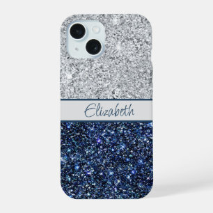 Monogram Silver Dark Blue Glitter Trendy Chic  iPhone 15 Case