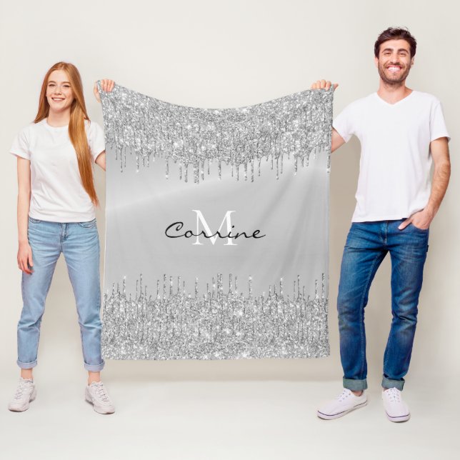 Monogram Silver Dripping Glitter Metallic Name Fleece Blanket (In Situ)