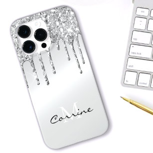 Monogram Silver Dripping Glitter Metallic Platinum Case-Mate iPhone 14 Pro Max Case