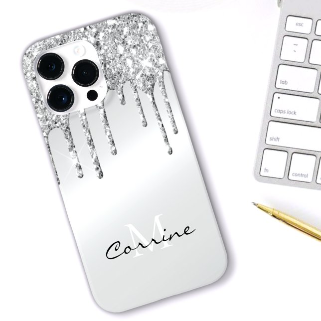 Monogram Silver Dripping Glitter Metallic Platinum Case-Mate iPhone Case