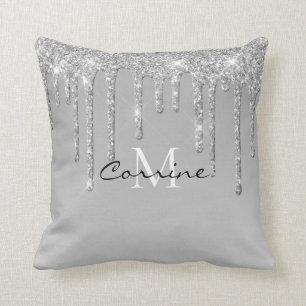 Monogram Silver Dripping Glitter Metallic Platinum Cushion