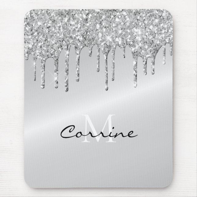 Monogram Silver Dripping Glitter Metallic Platinum Mouse Pad (Front)