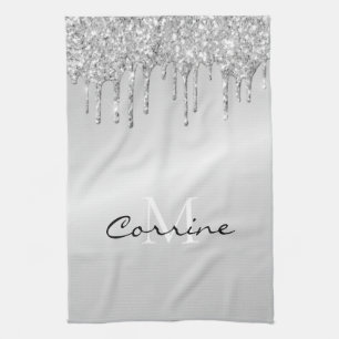 Monogram Silver Dripping Glitter Metallic Platinum Tea Towel